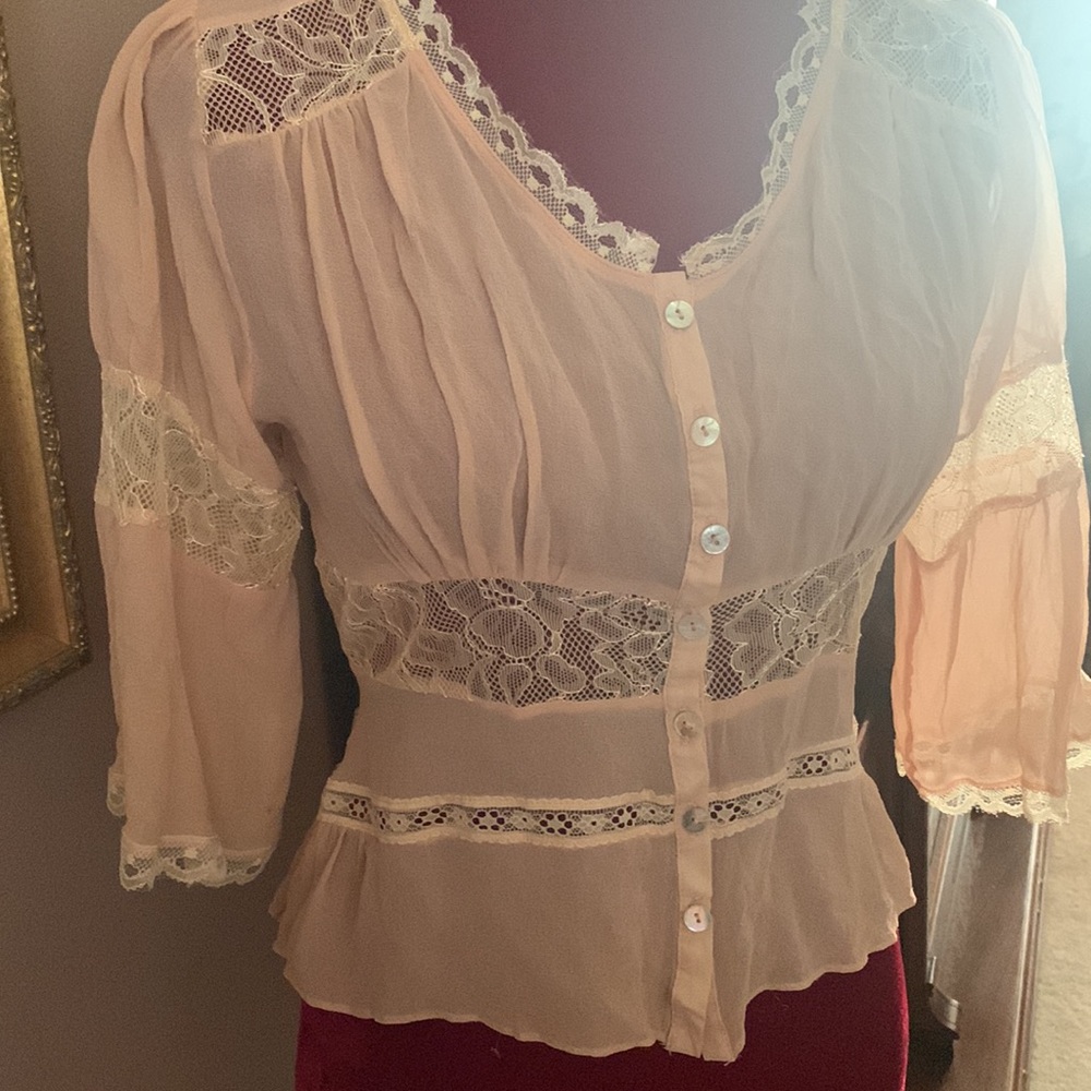 Y2K Lace Peach Victorian Style Blouse Small Cottagecore - Picture 4 of 7